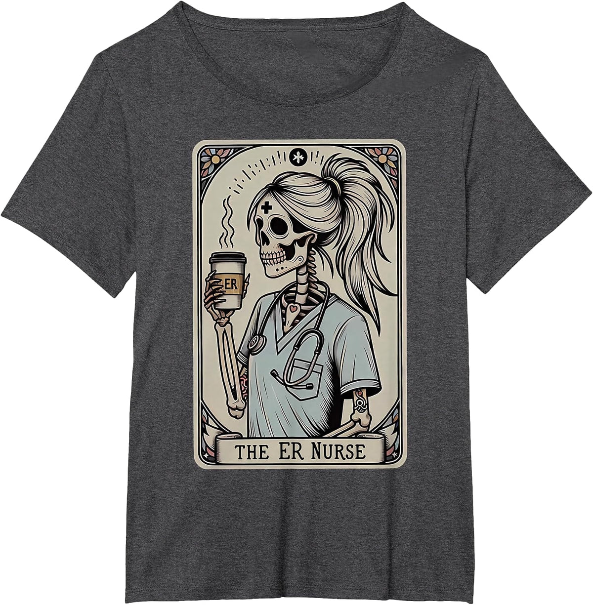 Skeleton Emergency Room Nurse Halloween Tarot Card Nursing T-Shirt - Dark Heather Grey