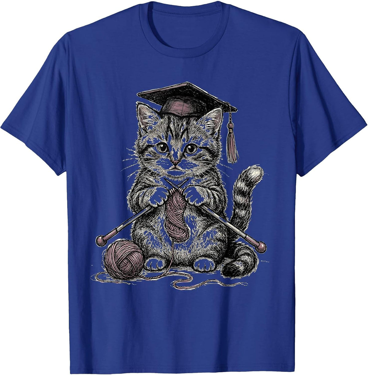 Cute Kitten Knitting Graduation Tassel Teacher T-Shirt - Royal Blue