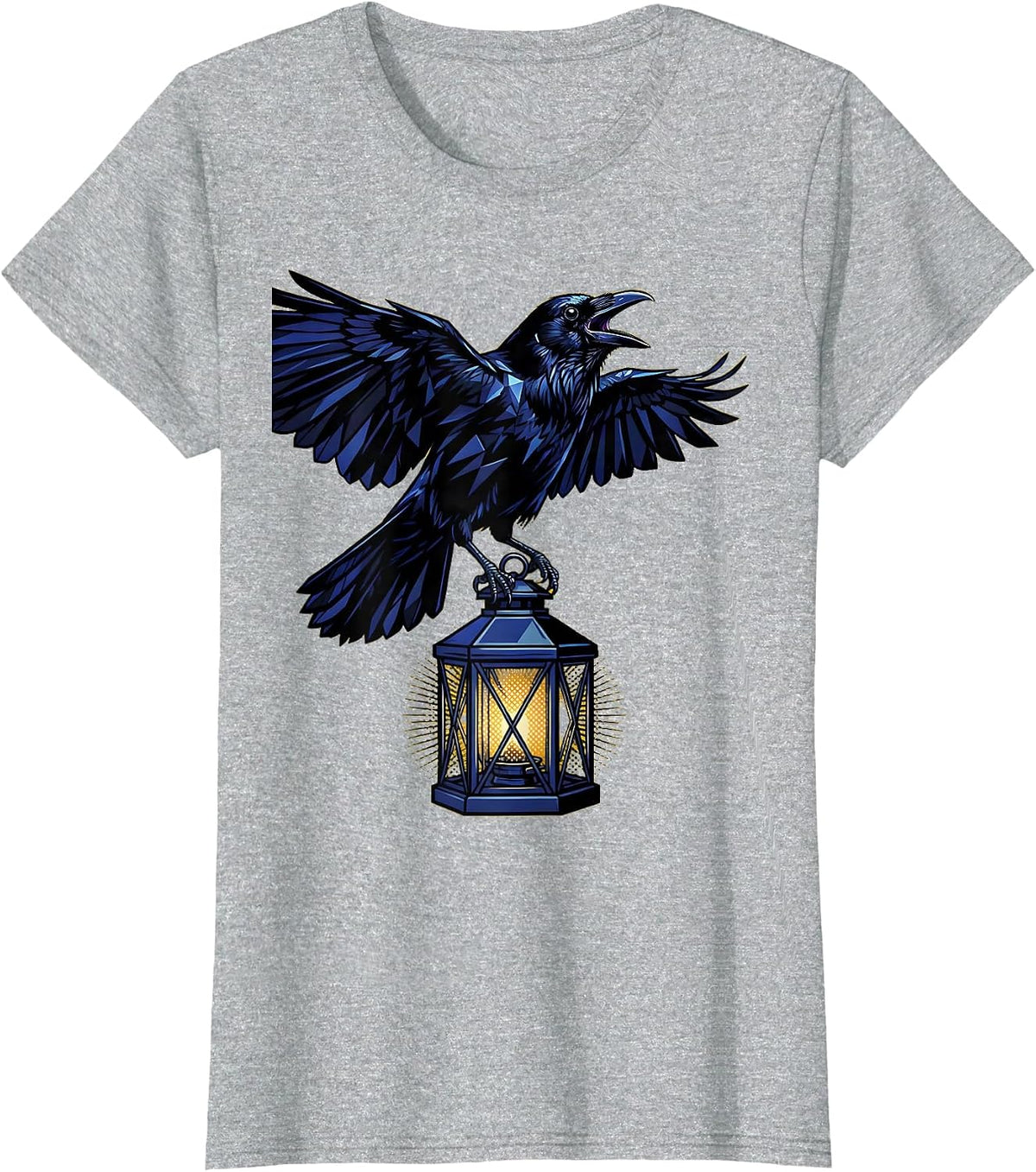 Crow Perched on Old Lantern Illustration T-Shirt - Heather Grey