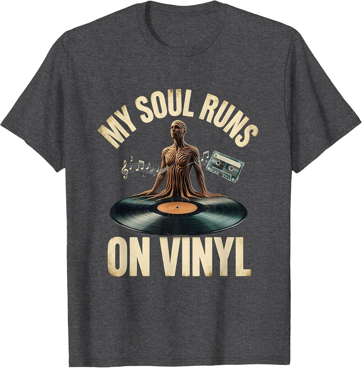My Soul Runs on Vinyl Surreal Vinyl Design T-Shirt - Dark Heather Grey