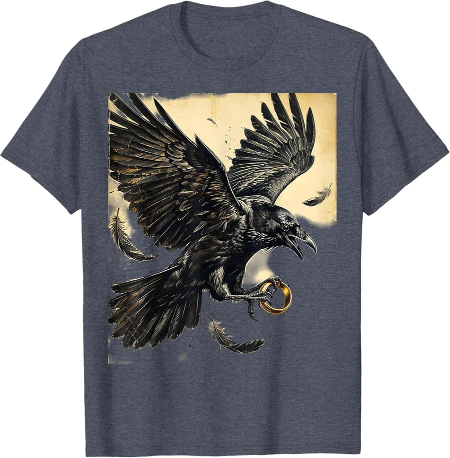 Crow Stealing Golden Ring Mid-Flight Design T-Shirt - Heather Blue
