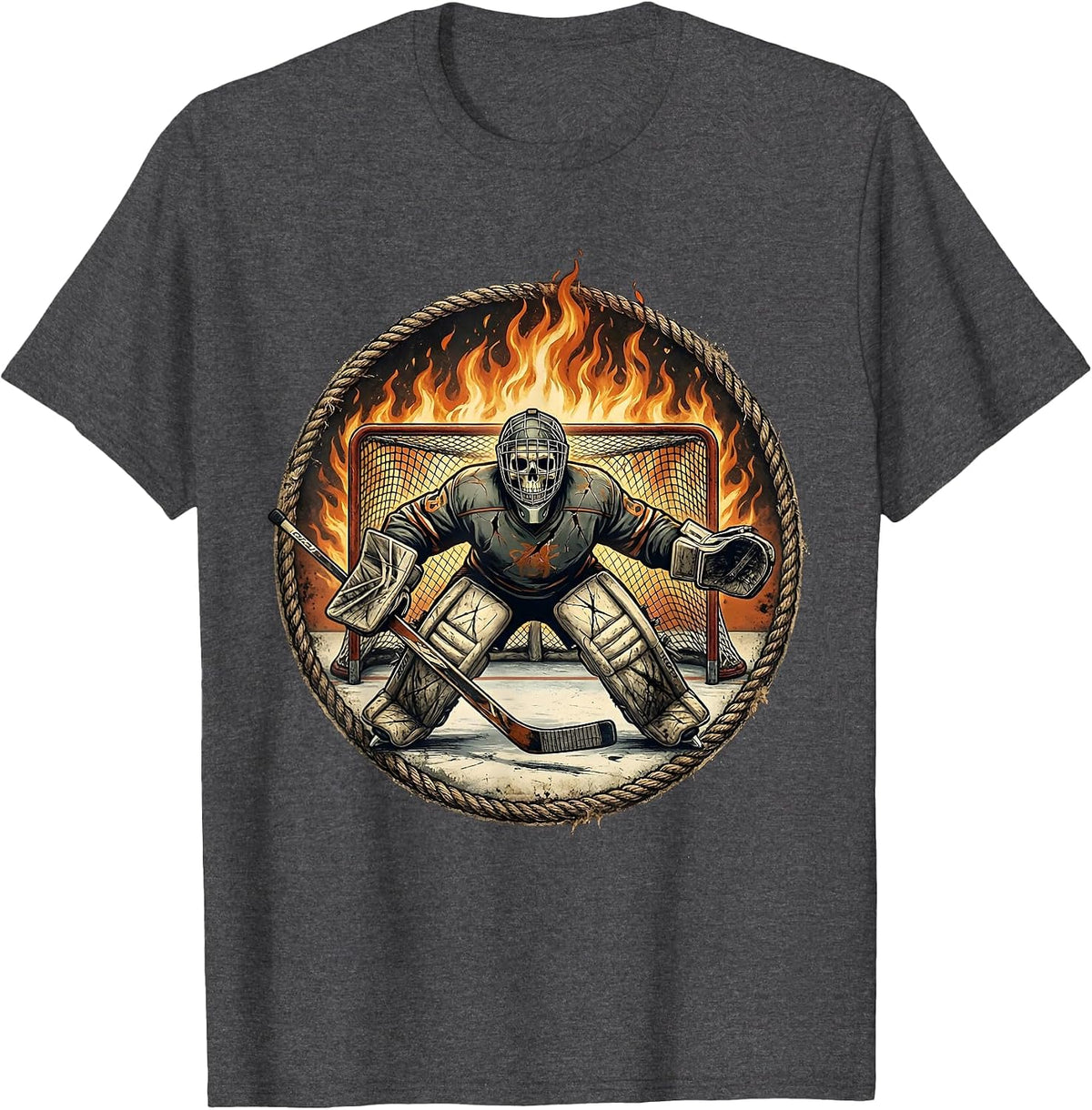 Skeleton Goalie Flaming Net Hockey Graphic T-Shirt - Dark Heather Grey