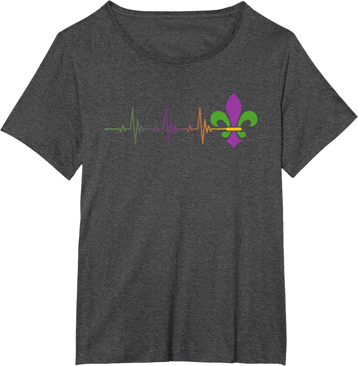 Heartbeat Mardi Gras - EKG Pulse Line Fleur-De-Lis Parade T-Shirt - Dark Heather Grey
