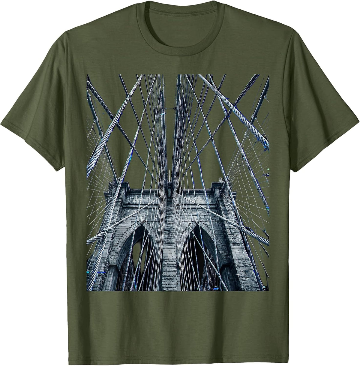 Brooklyn Bridge Geometric Cables NYC Graphic T-Shirt - Olive Green