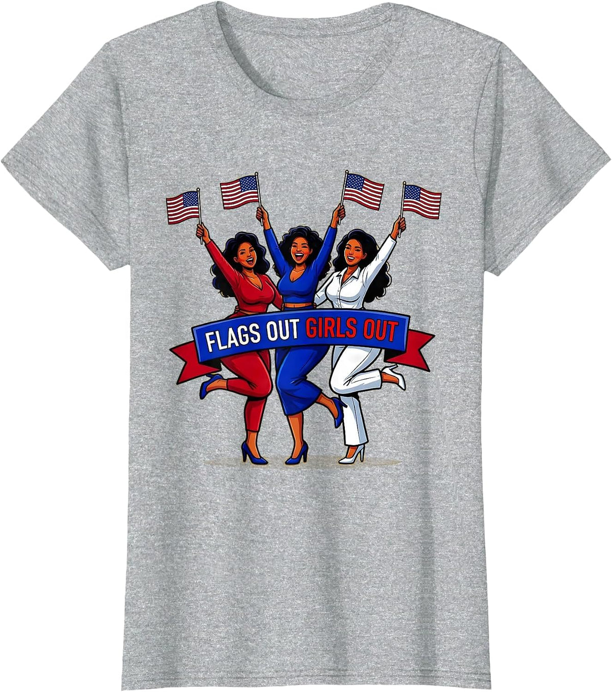 Flags Out Girls Out Red White and Blue Design T-Shirt - Heather Grey