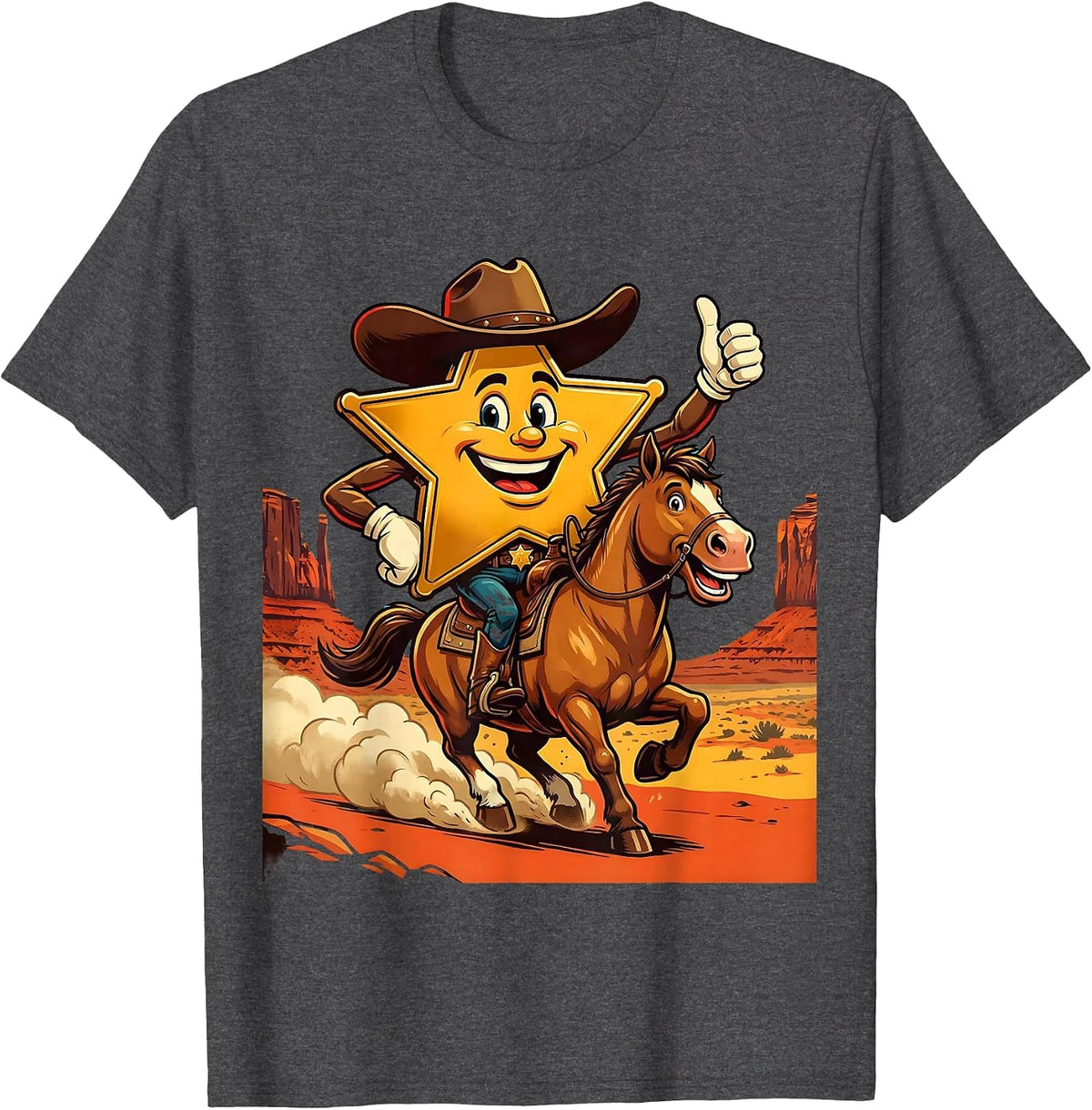 Sheriff Riding Horse Through Desert Canyon T-Shirt - Dark Heather Grey