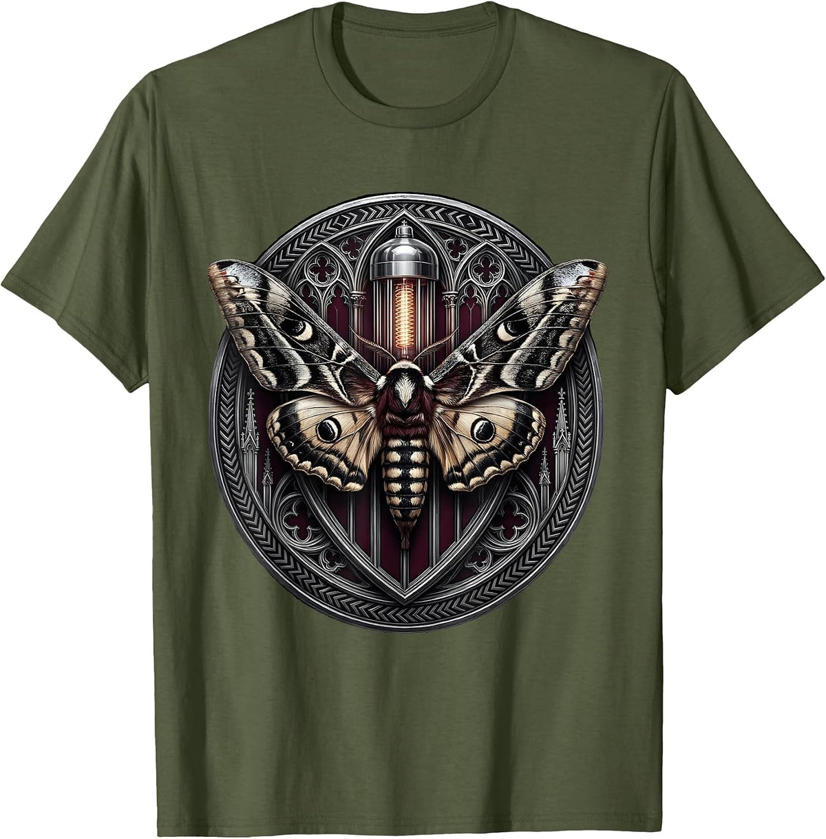 Moth and Glowing Vacuum Tube Vintage Rock Art T-Shirt - Olive Green