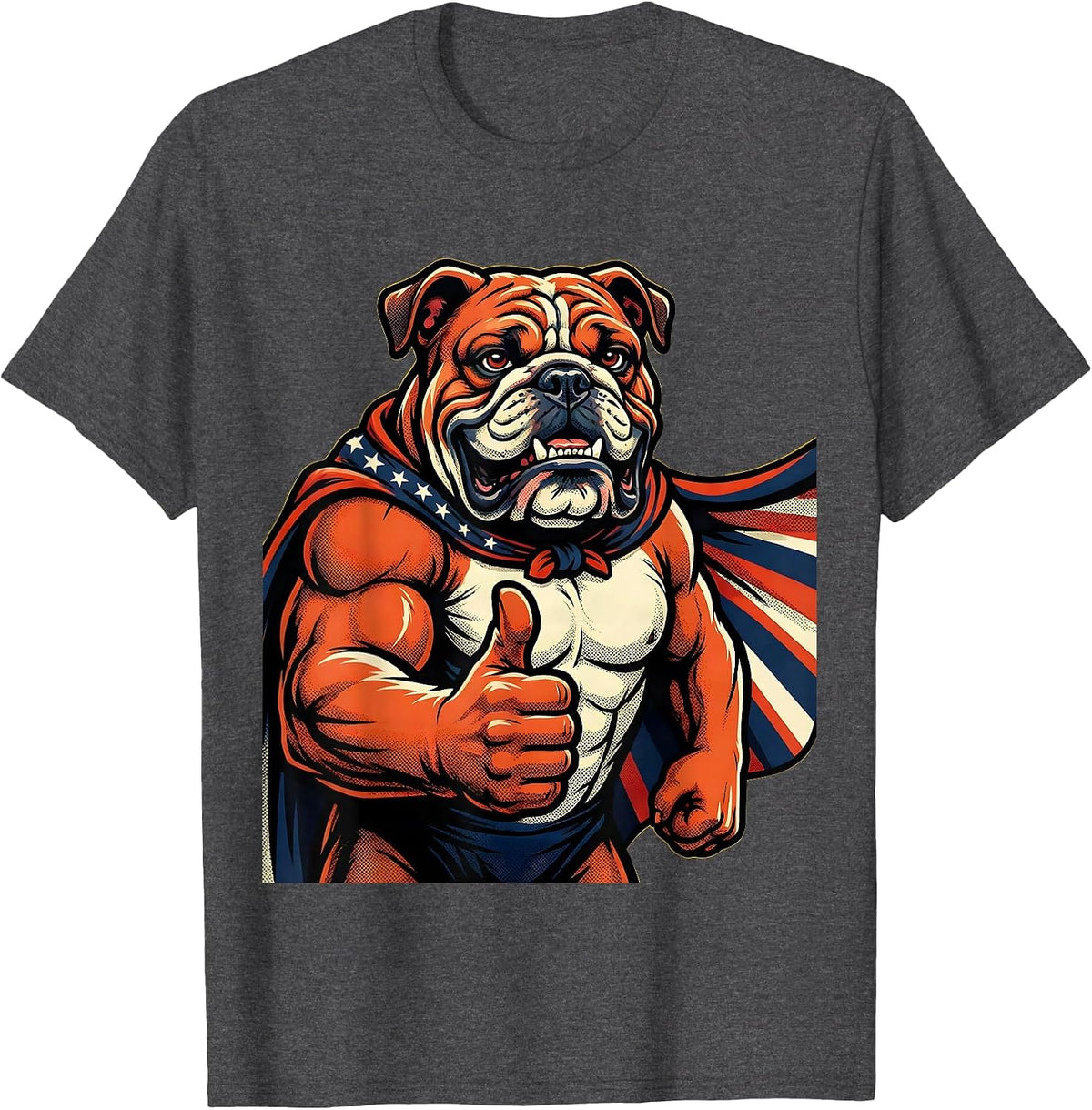Patriotic Bulldog American Flag Cape Graphic T-Shirt - Dark Heather Grey