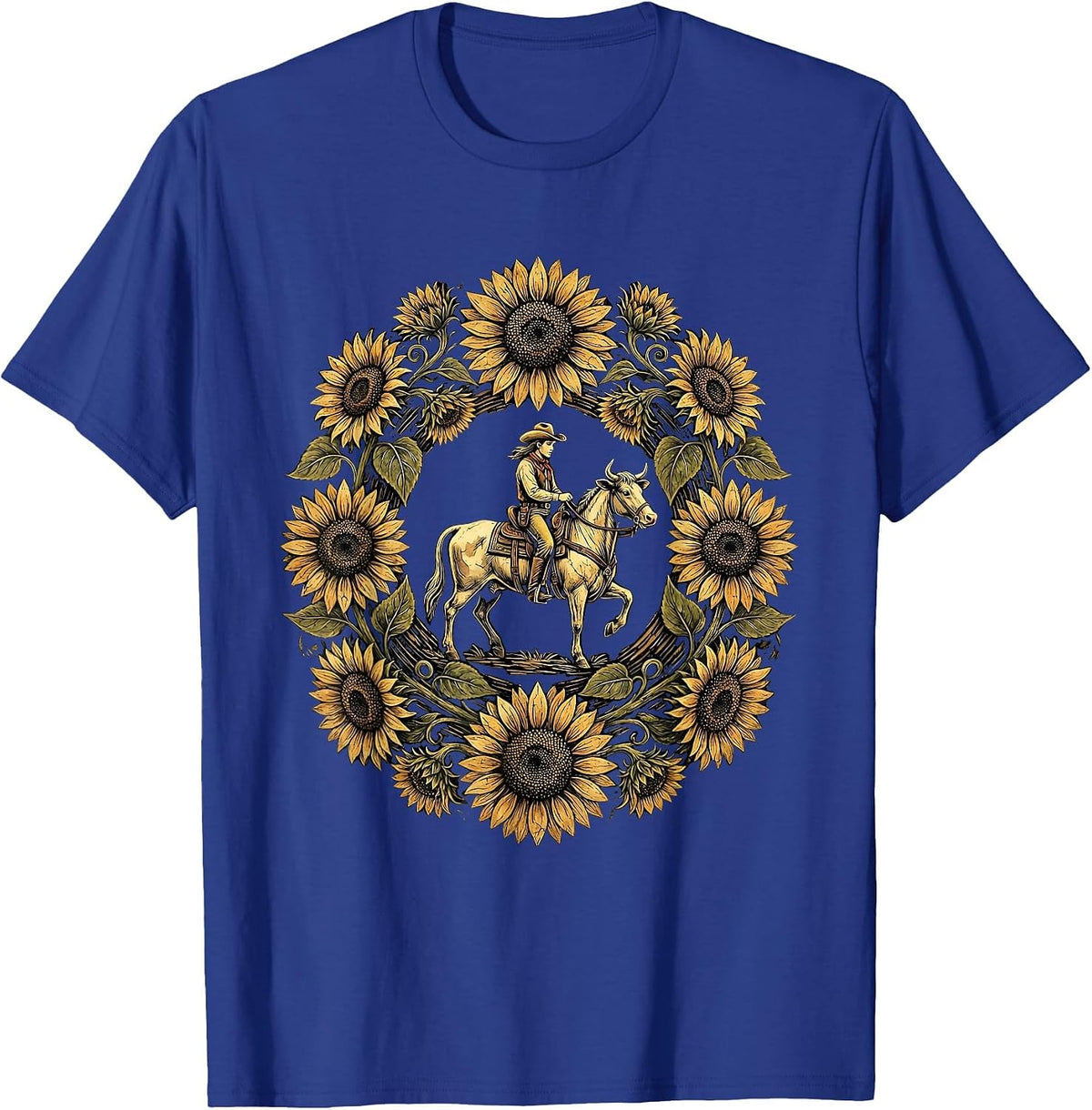 Cowgirl Riding Horse Through Sunflower Field T-Shirt - Royal Blue