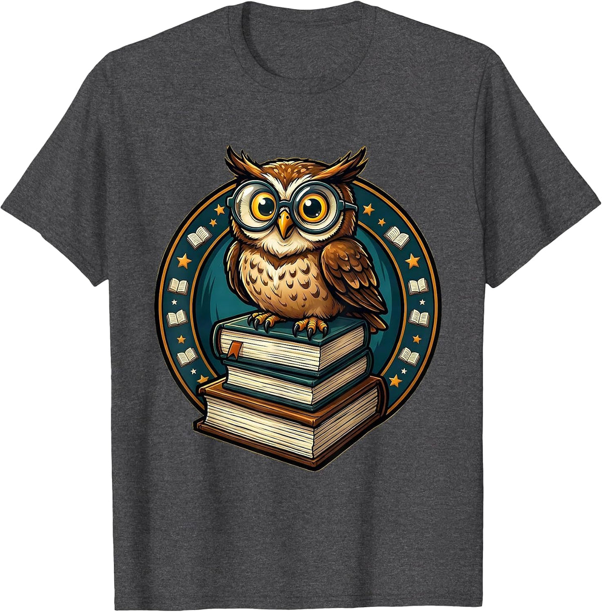 Men's Reading Teacher Owl Perched on Stack of Books T-Shirt - Dark Heather Grey