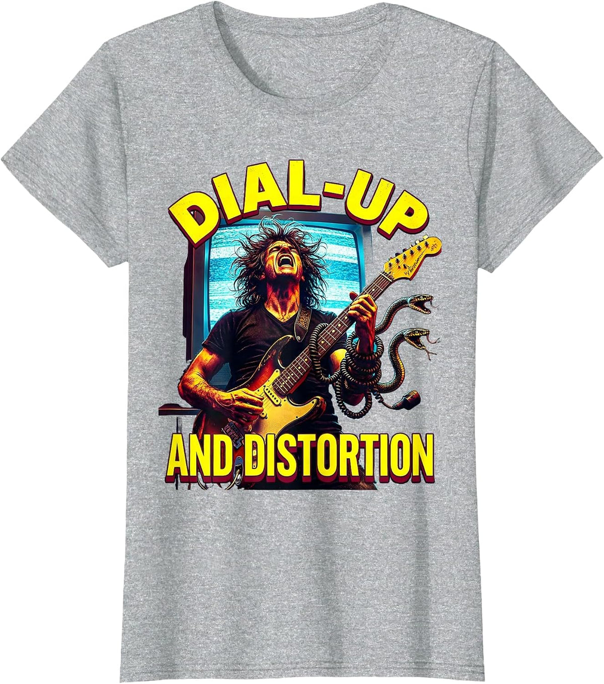 Dial-Up and Distortion 90s Band Graphic Design T-Shirt - Heather Grey