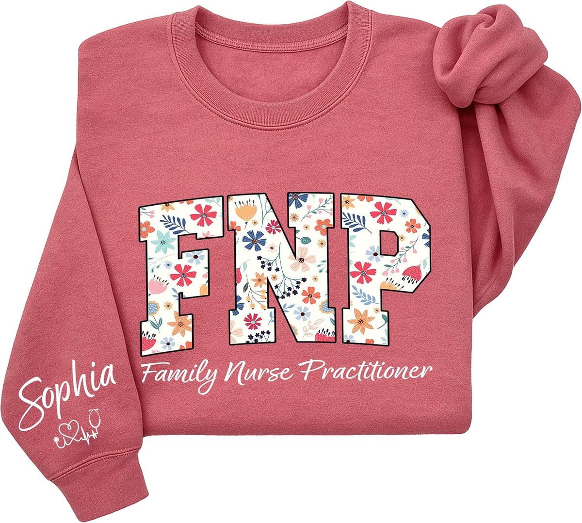 Personalized Nurse Sweatshirt with Floral Letters, Custom Name Sleeve, Gift for Medical Staff Uniform - Family Nurse