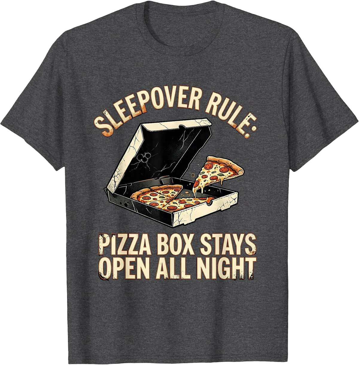 Men's Sleepover Rule Pizza Box Stays Open All Night Funny T-Shirt - Dark Heather Grey