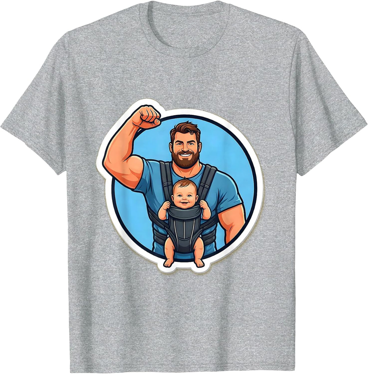 Men's Dad Baby Carrier Bicep Curl Funny Graphic Tee T-Shirt - Heather Grey