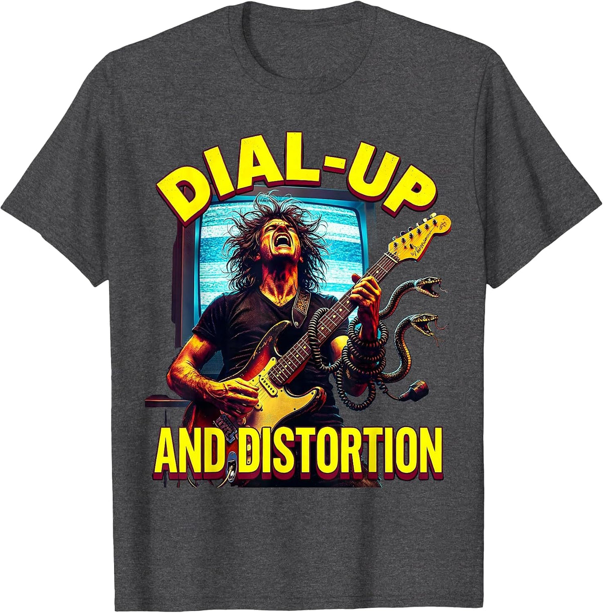 Dial-Up and Distortion 90s Band Graphic Design T-Shirt - Dark Heather Grey