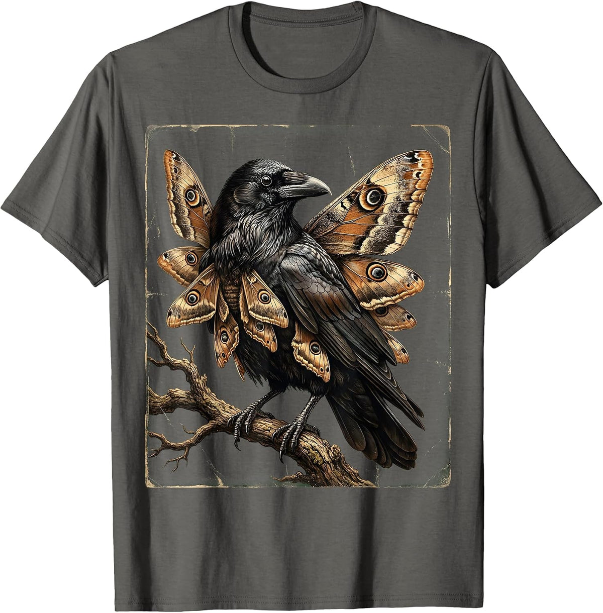Crow With Moth Wings Dark Surreal Art T-Shirt - Asphalt Grey