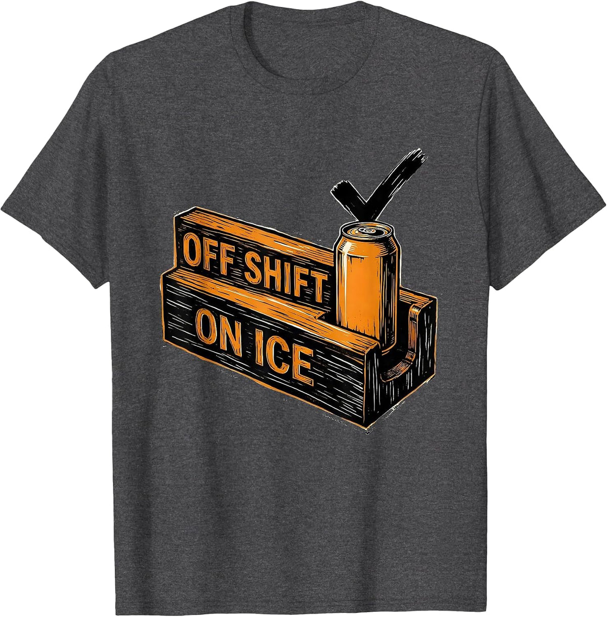 Men's Off Shift On Ice Linocut Labor Day Cookout Beer Humor T-Shirt - Dark Heather Grey