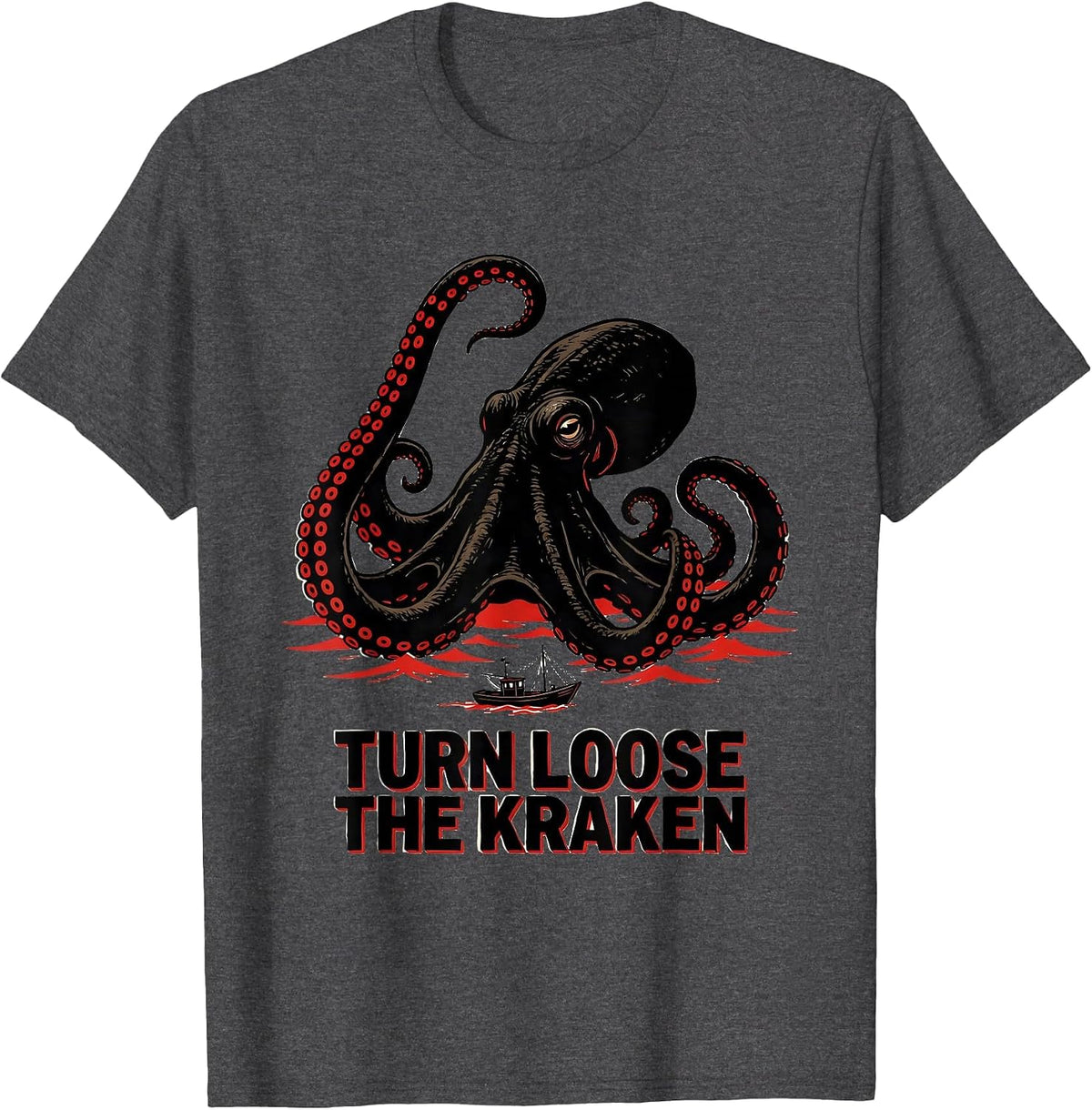 Turn Loose The Kraken Wood Type Letterpress Octopus Lover T-Shirt - Dark Heather Grey