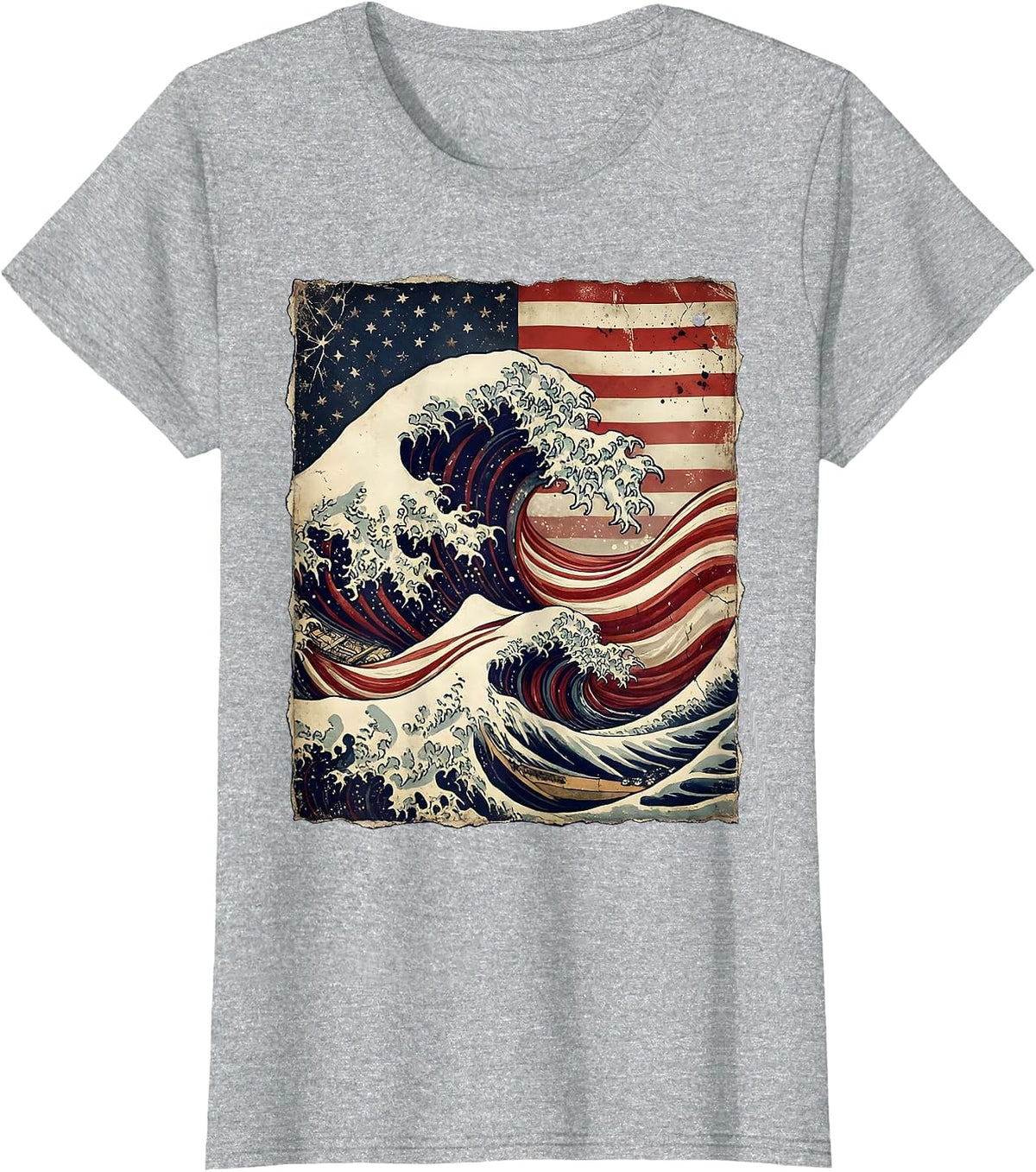 Women's American Flag Wave Curl Ocean Tide Graphic T-Shirt - Heather Grey
