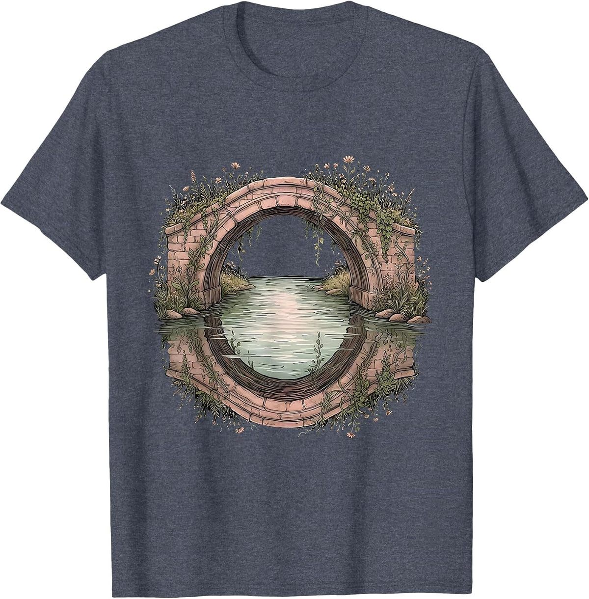 Stone Arch Bridge River Faith Illustration T-Shirt - Heather Blue