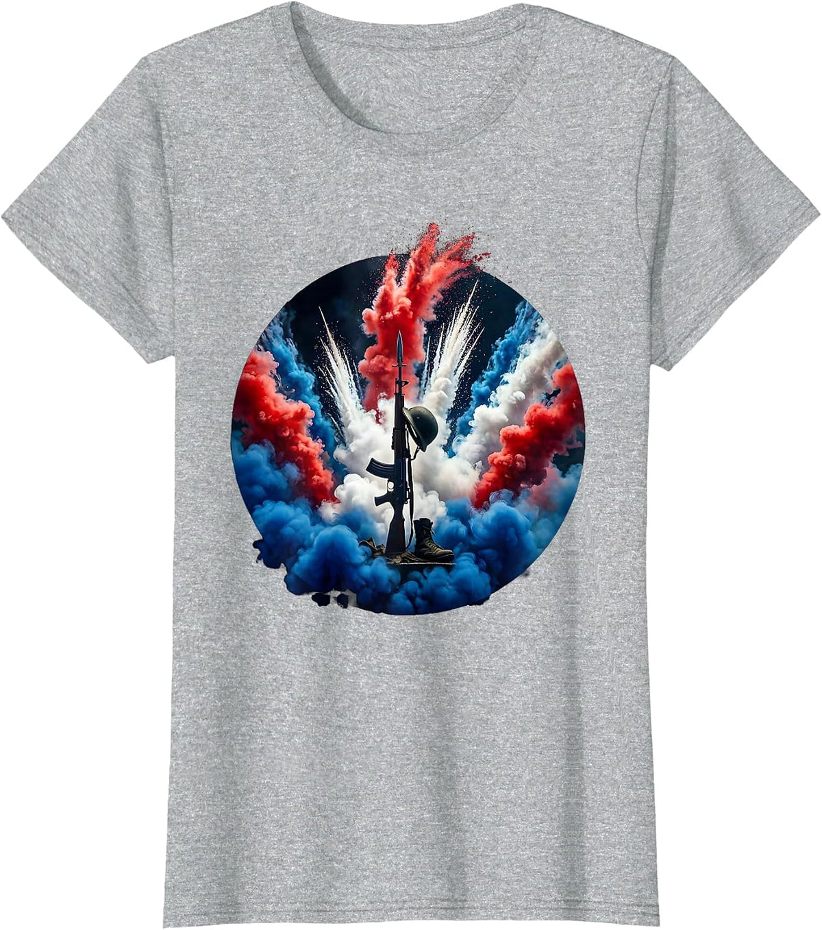 Soldier Boots Helmet Rifle Memorial Patriotic T-Shirt - Heather Grey