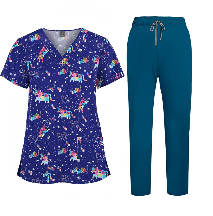 Aylashine Printed Scrubs for Women, Nurse Uniform,Medical Proffesional V Neck Short Sleeve Stretch Functional Workwear -