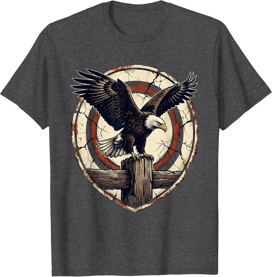Men's Bald Eagle Patriotic Perched on Fence Post T-Shirt - Dark Heather Grey