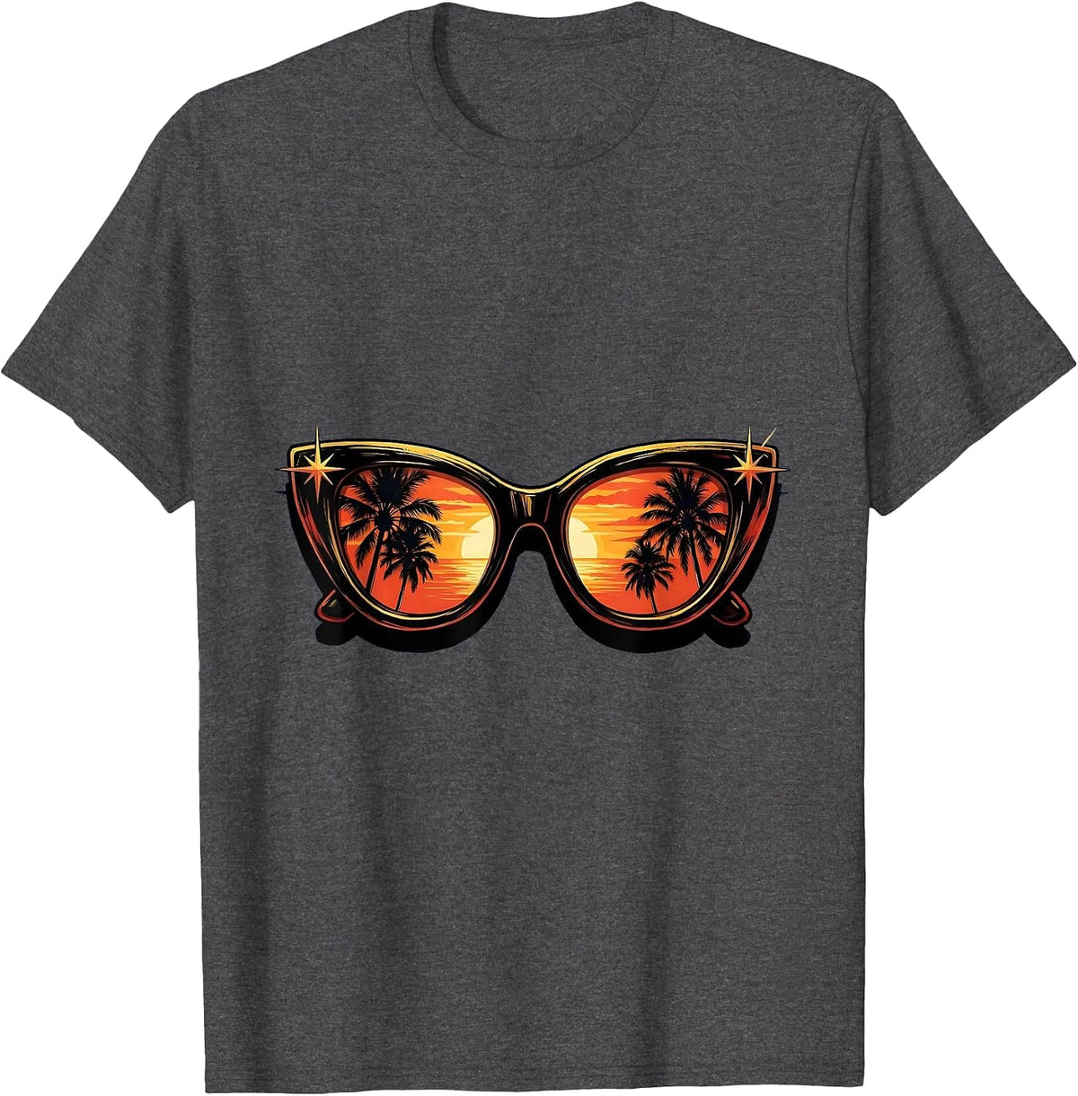 Gigi Glamorous Sunglasses Palm Tree Sunset T-Shirt - Dark Heather Grey