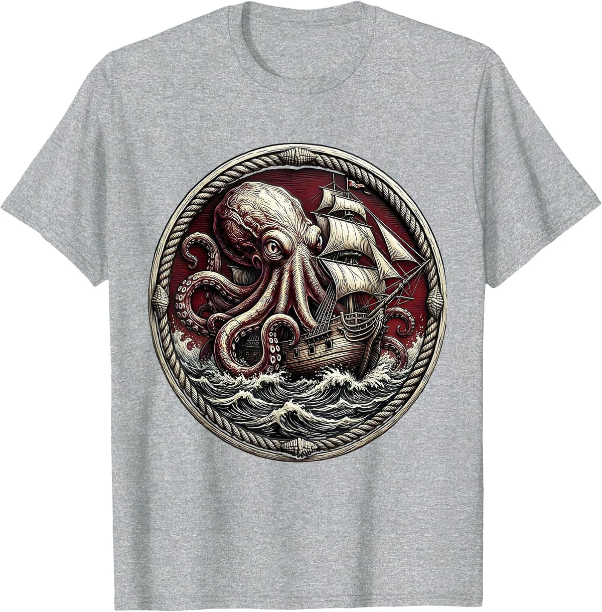 Men's Giant Octopus Sinking Ancient Warship Anime Art T-Shirt - Heather Grey