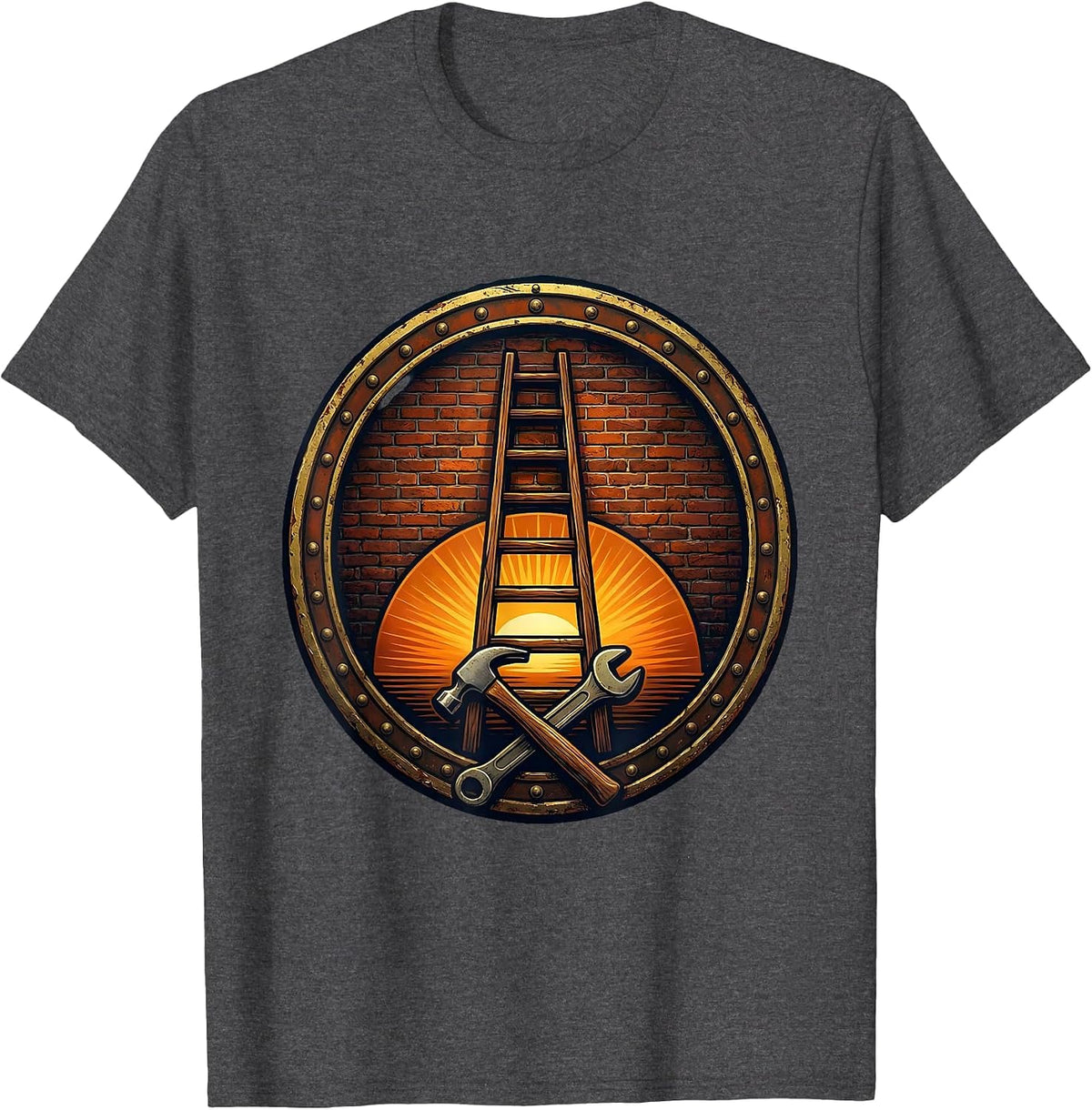 Labor Day Ladder Brick Wall Dusk Illustration T-Shirt - Dark Heather Grey
