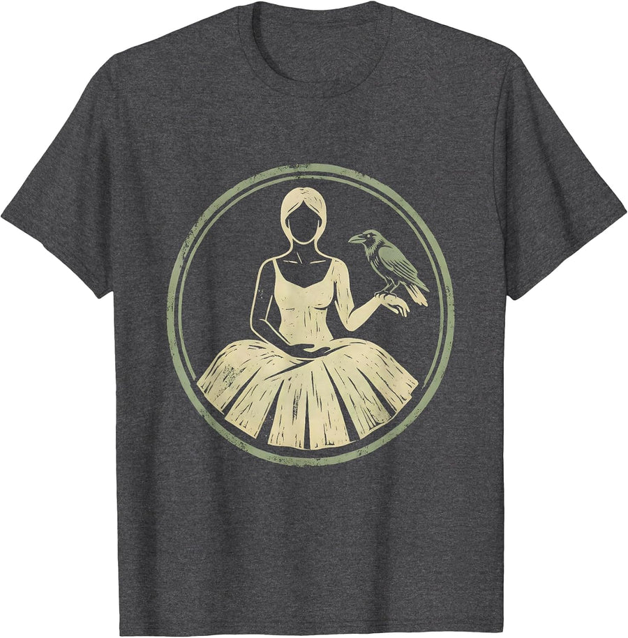 Men's Crow Companion Seated Meditation Illustration T-Shirt - Dark Heather Grey