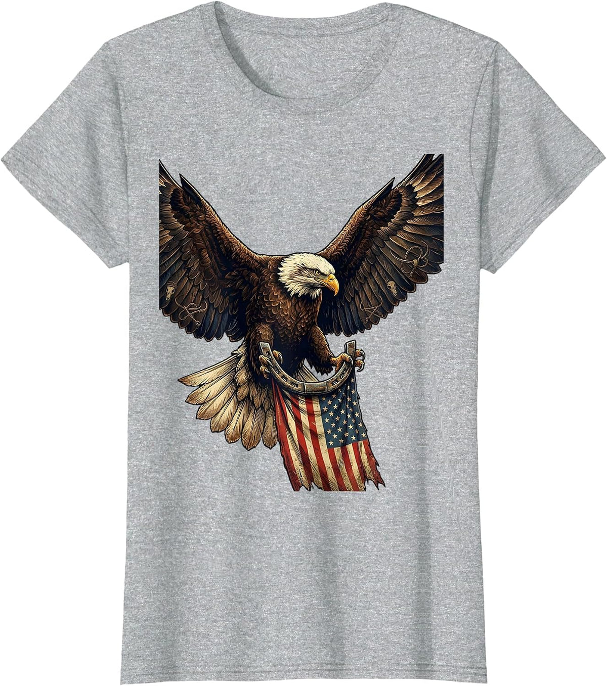 Bald Eagle Soaring Over American Flag T-Shirt - Heather Grey