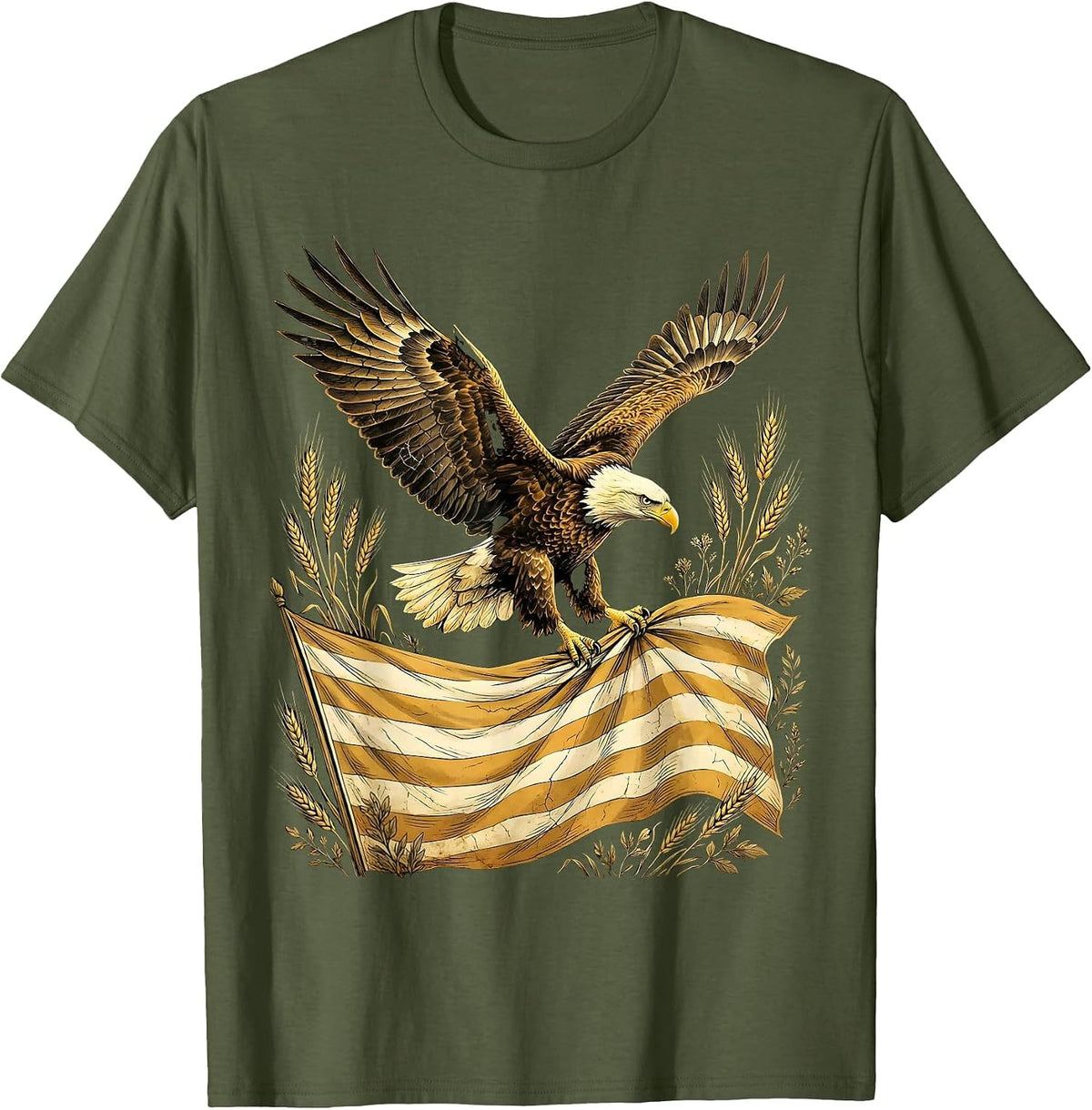 Men's Bald Eagle in Flight Over Waving Flag Illustration T-Shirt - Olive Green
