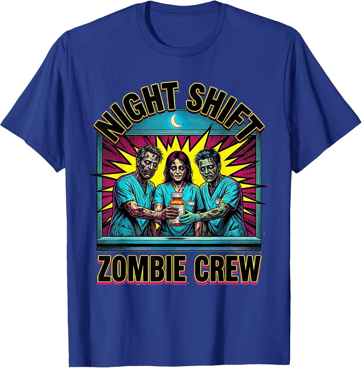 Men's Night Shift Zombie Crew Pop Art Pharmacy Tech Halloween T-Shirt - Royal Blue