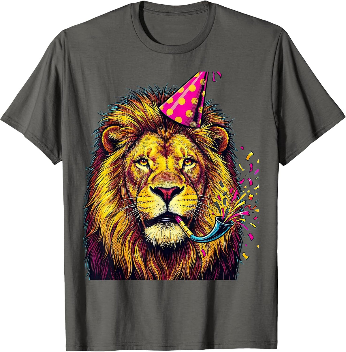 Party Animal Lion Celebration Graphic Tee T-Shirt - Asphalt Grey