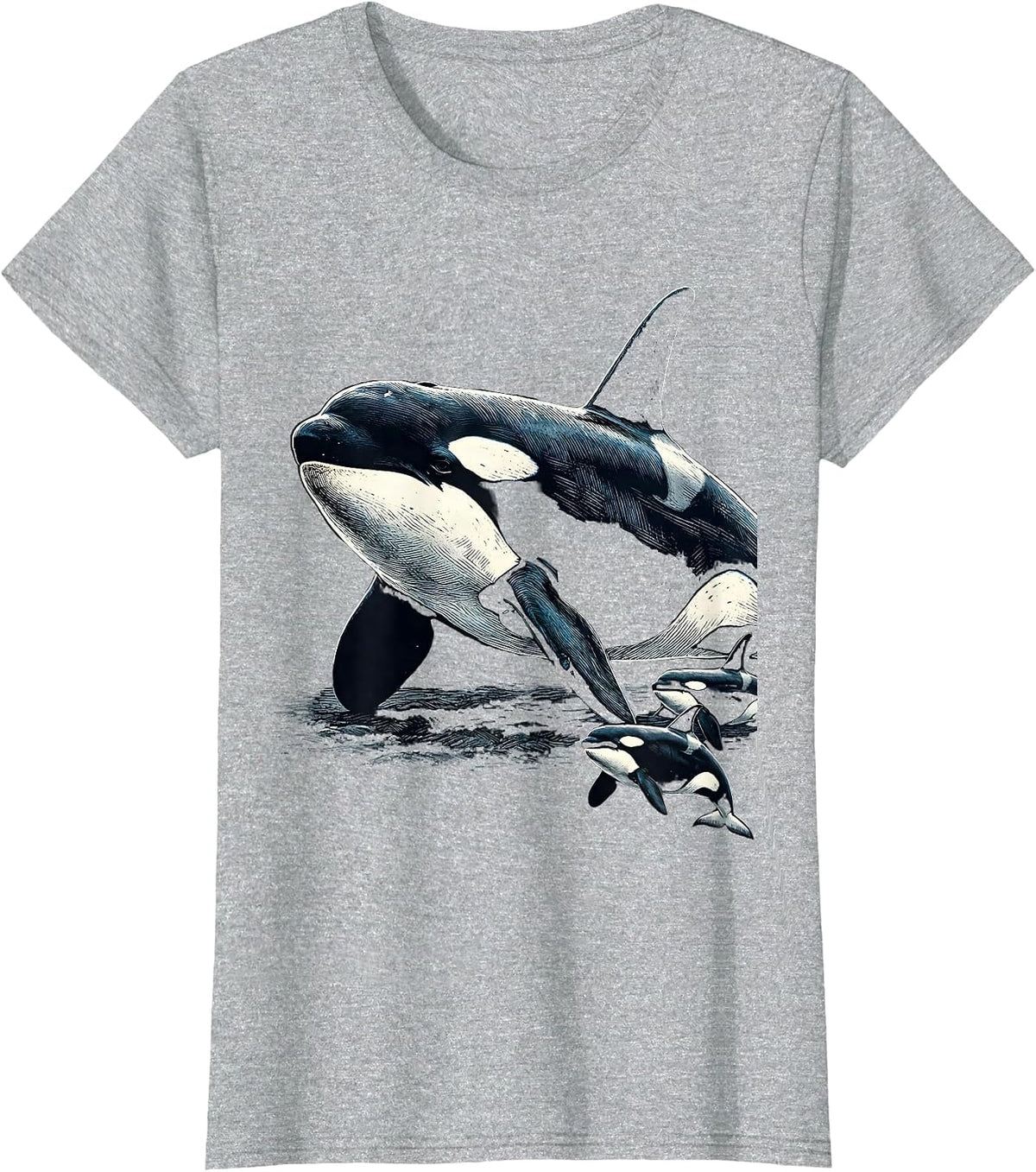 Women's Orca Whale Woodcut Engraving Marine Wildlife Lover Humor T-Shirt - Heather Grey