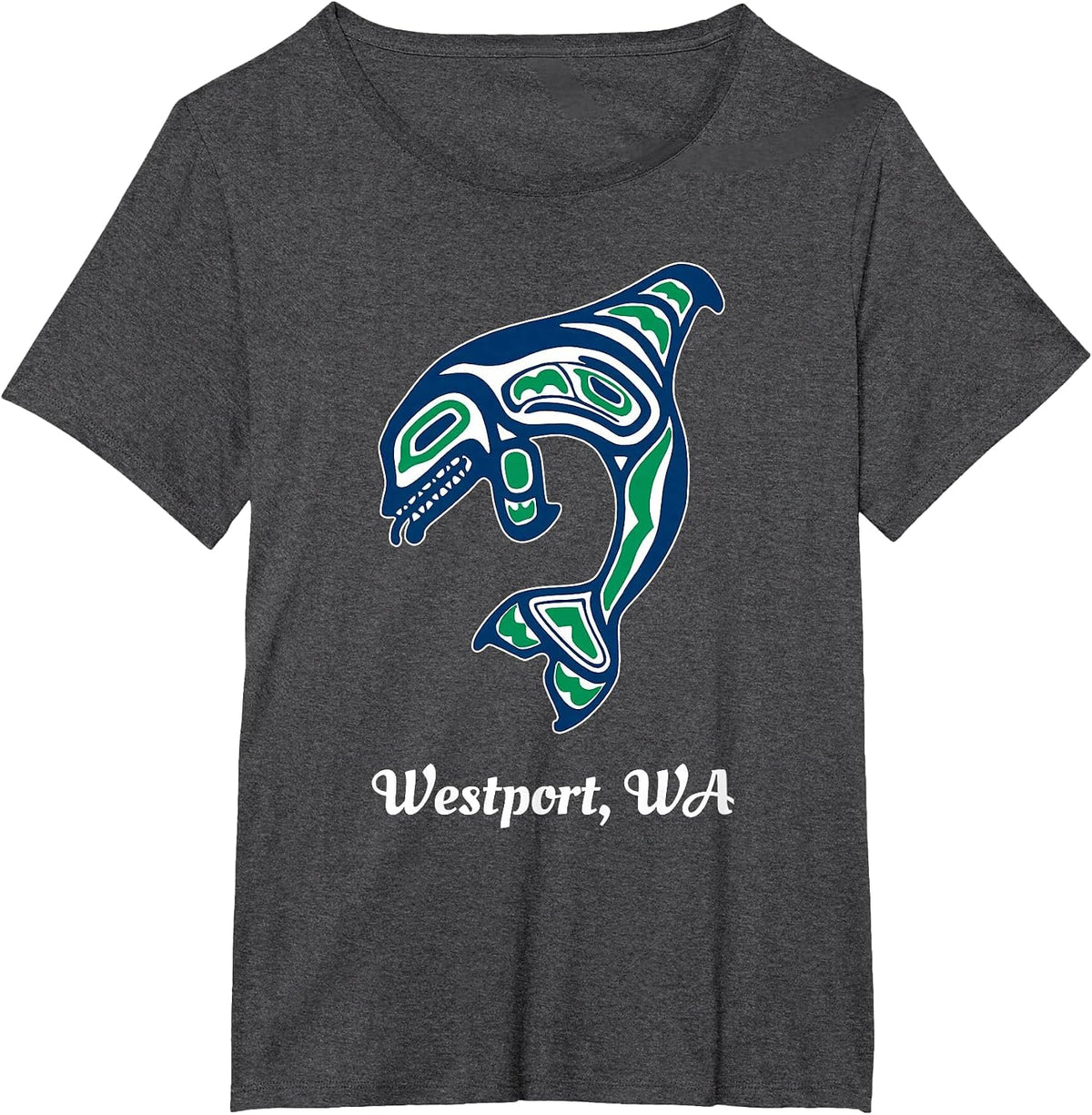 Blue Green Native American Westport WA Orca Killer Whale T-Shirt - Dark Heather Grey