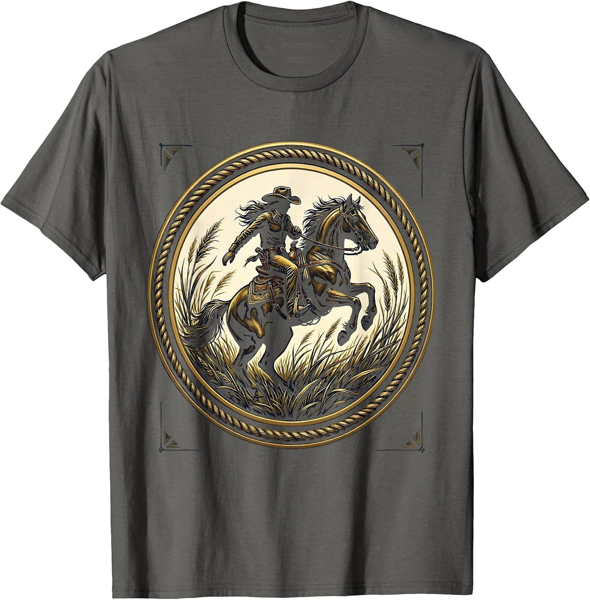 Cowgirl on Horseback Through Tall Grass Design T-Shirt - Asphalt Grey