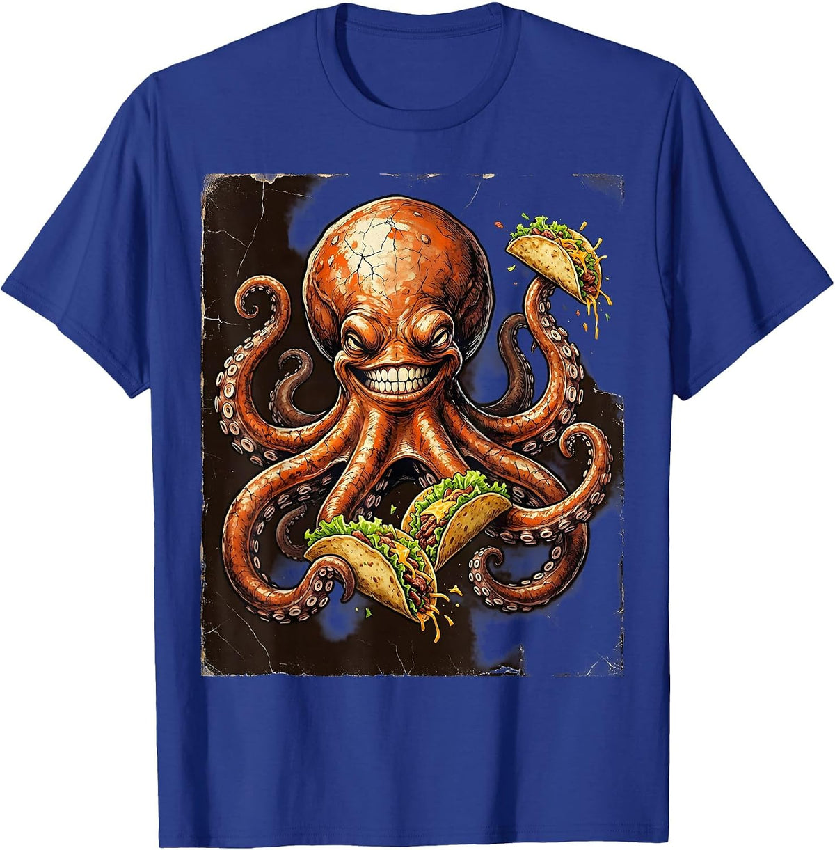 Octopus Juggling Tacos Funny Novelty Graphic Tee T-Shirt - Royal Blue