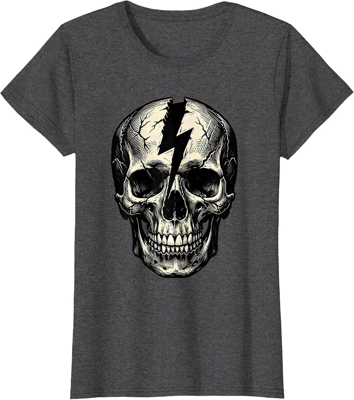 Women's Cracked Skull Lightning Bolt Split Graphic T-Shirt - Dark Heather Grey
