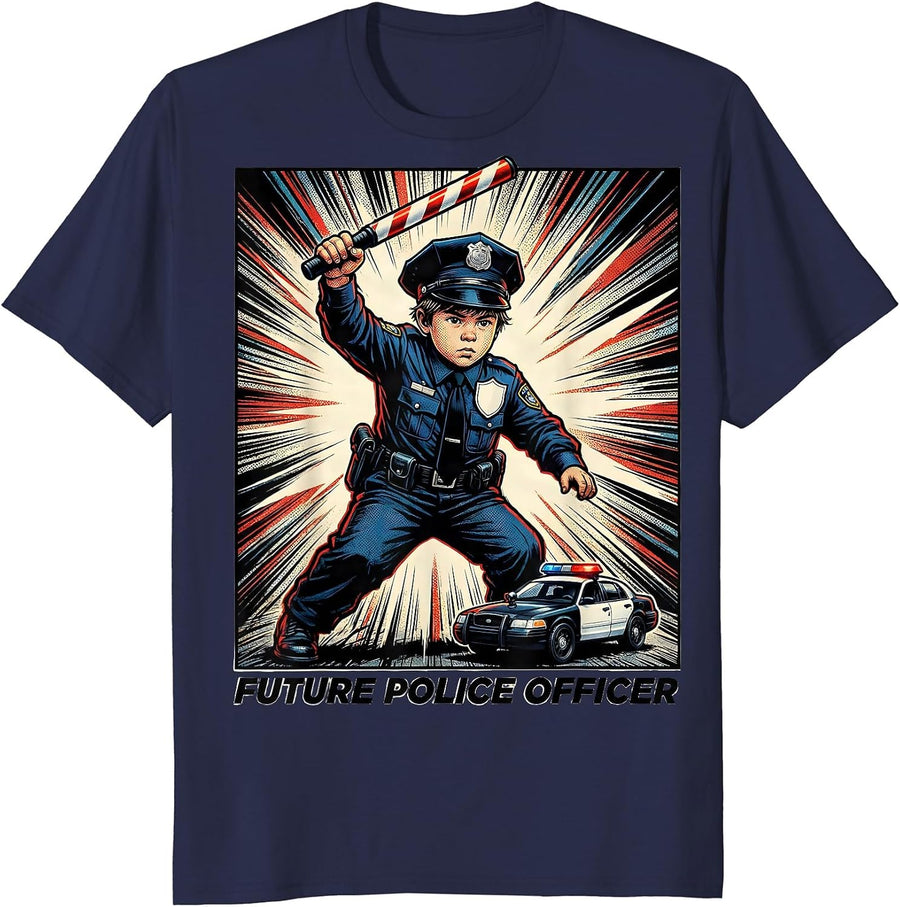 Future Police Officer Comic Book Kids Costume Playwear T-Shirt - Navy Blue