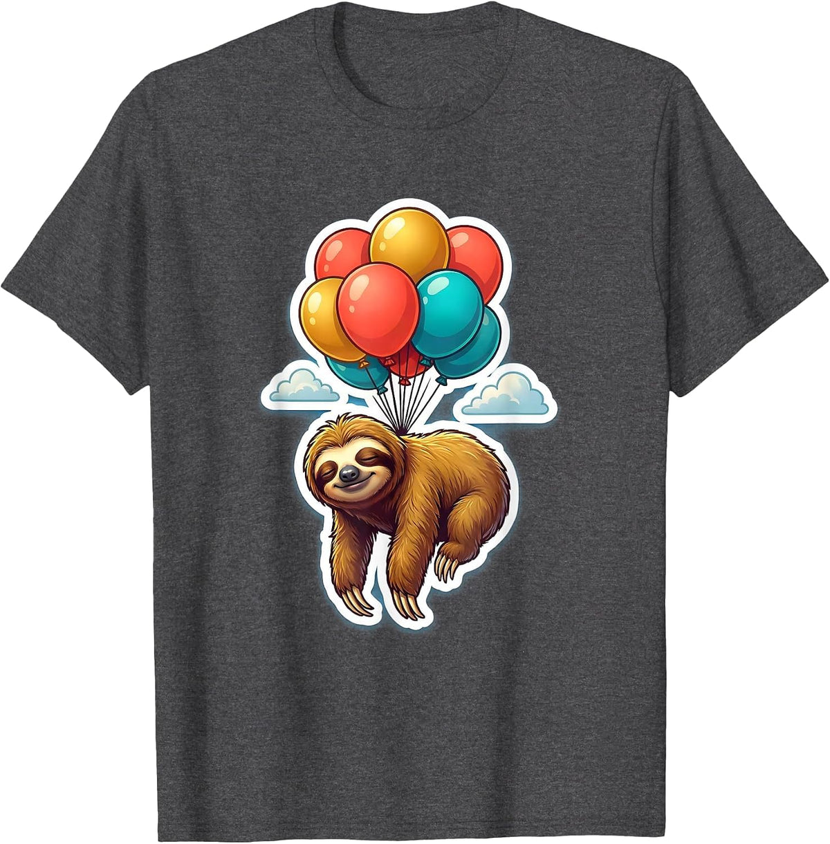 Sloth Floating with Balloons Birthday Design T-Shirt - Dark Heather Grey