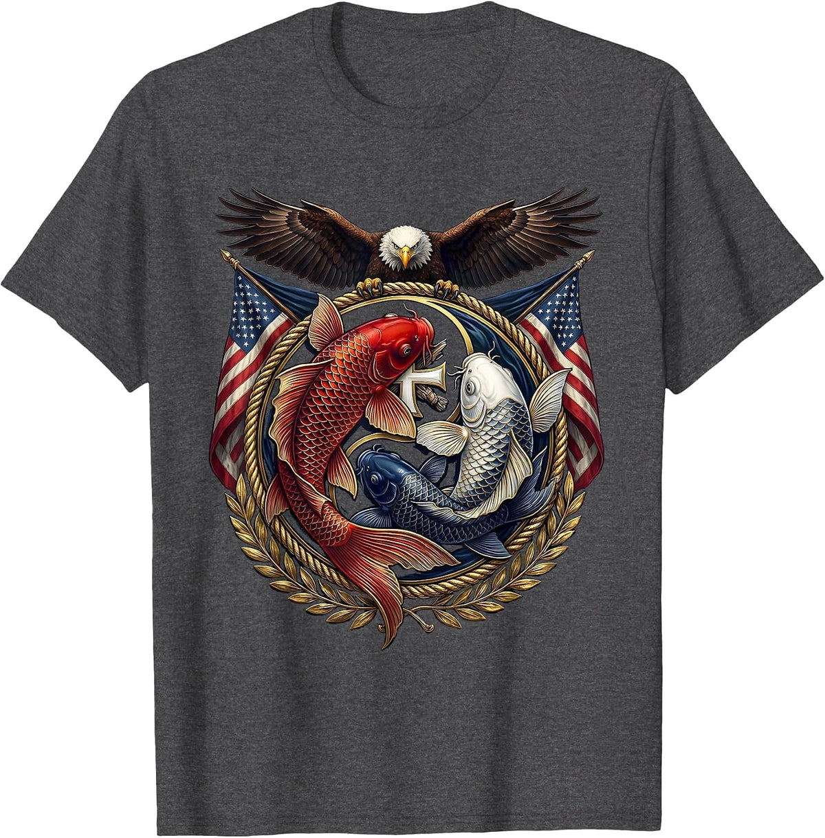 Men's Red White and Blue Koi Fish Swirl Graphic T-Shirt - Dark Heather Grey