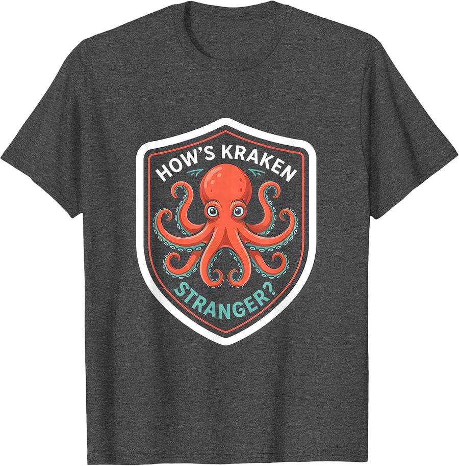 Men's How's Kraken, Stranger? Playful Octopus Lover Sticker Style T-Shirt - Dark Heather Grey