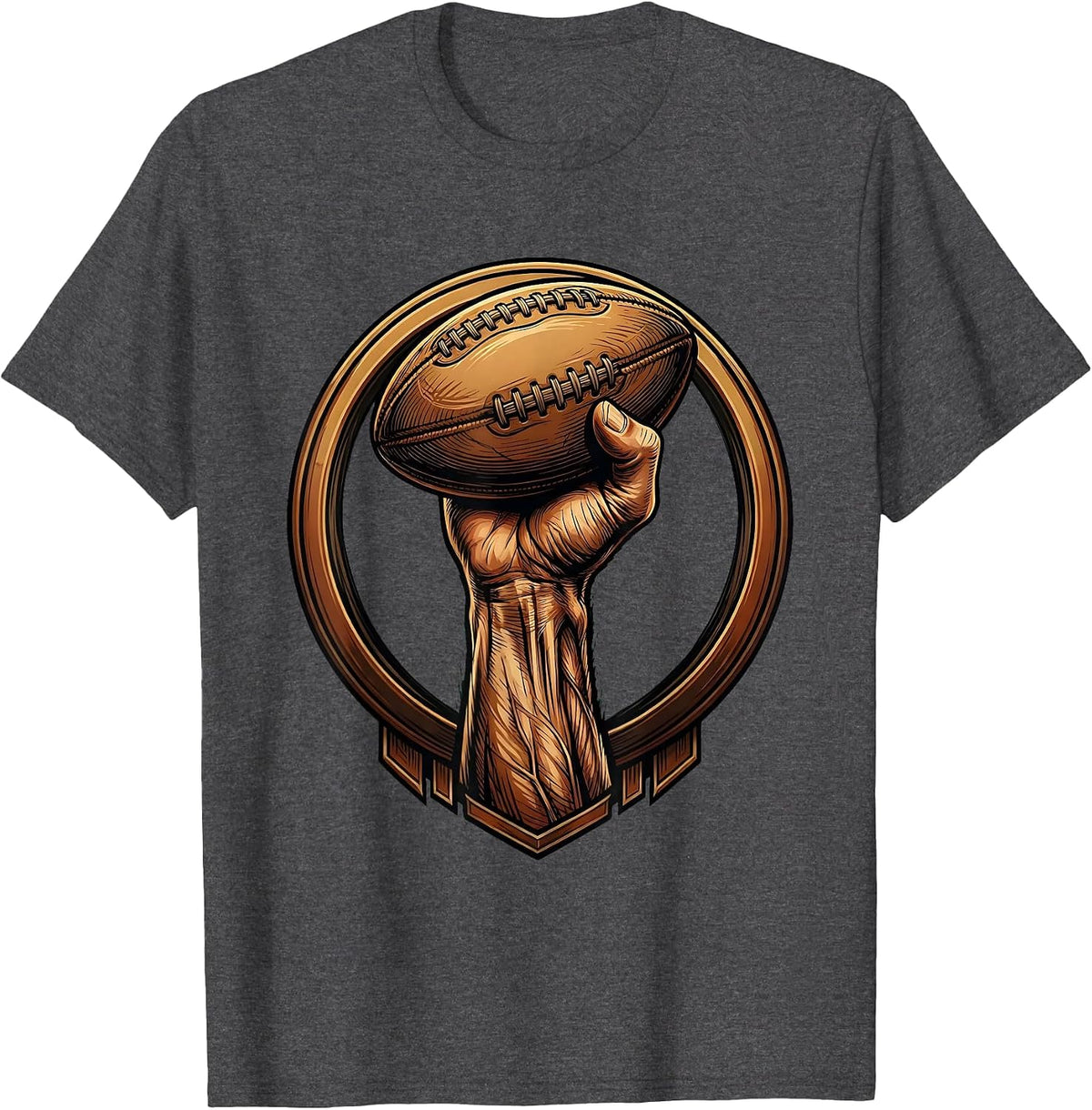 Muscular Arm Gripping Rugby Ball Graphic T-Shirt - Dark Heather Grey