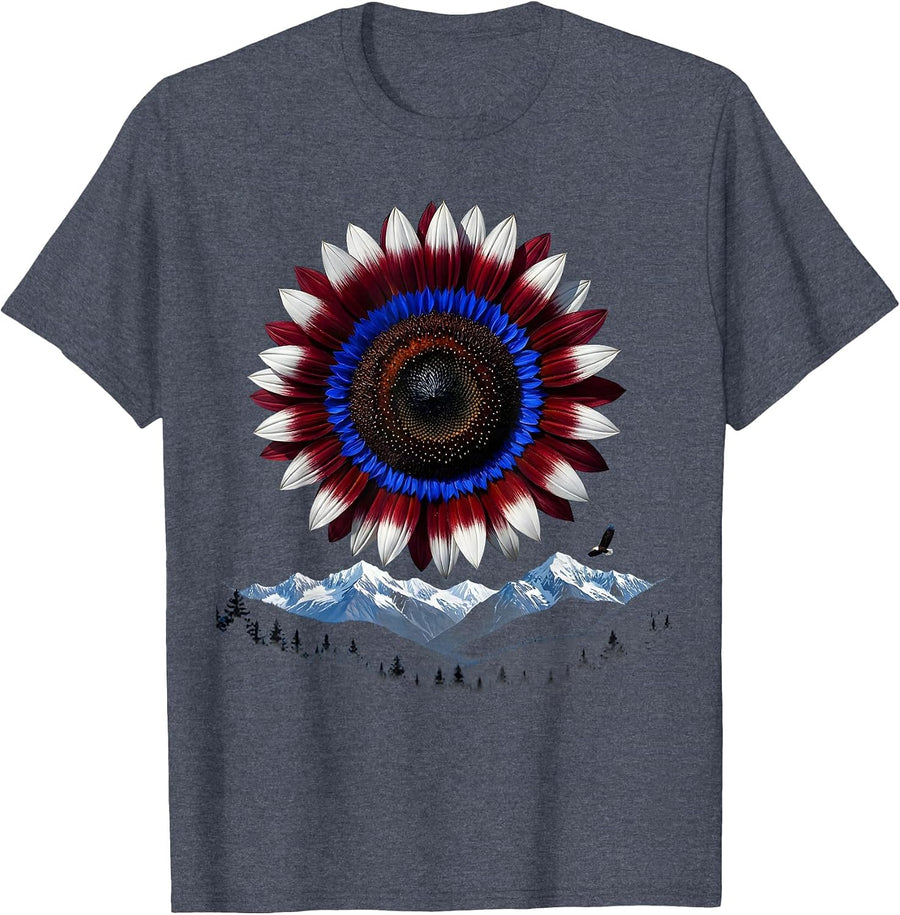 Red White and Blue Sunflower Patriotic Floral Design T-Shirt - Heather Blue