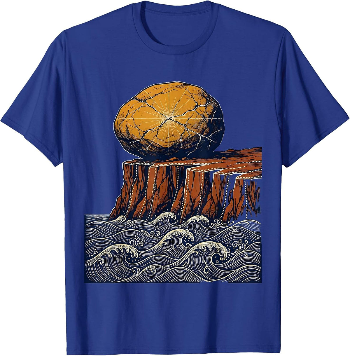 Men's Boulder on Cliff Edge Over Crashing Sea T-Shirt - Royal Blue