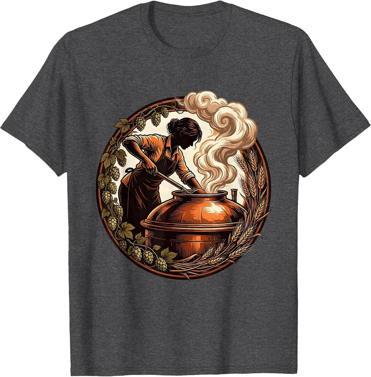Craft Brewer Stirring Copper Kettle Illustration T-Shirt - Dark Heather Grey
