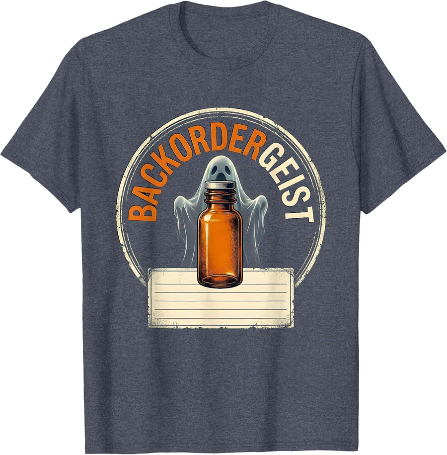 Backordergeist Vintage Halloween Pharmacy Staff Pharmacist T-Shirt - Heather Blue