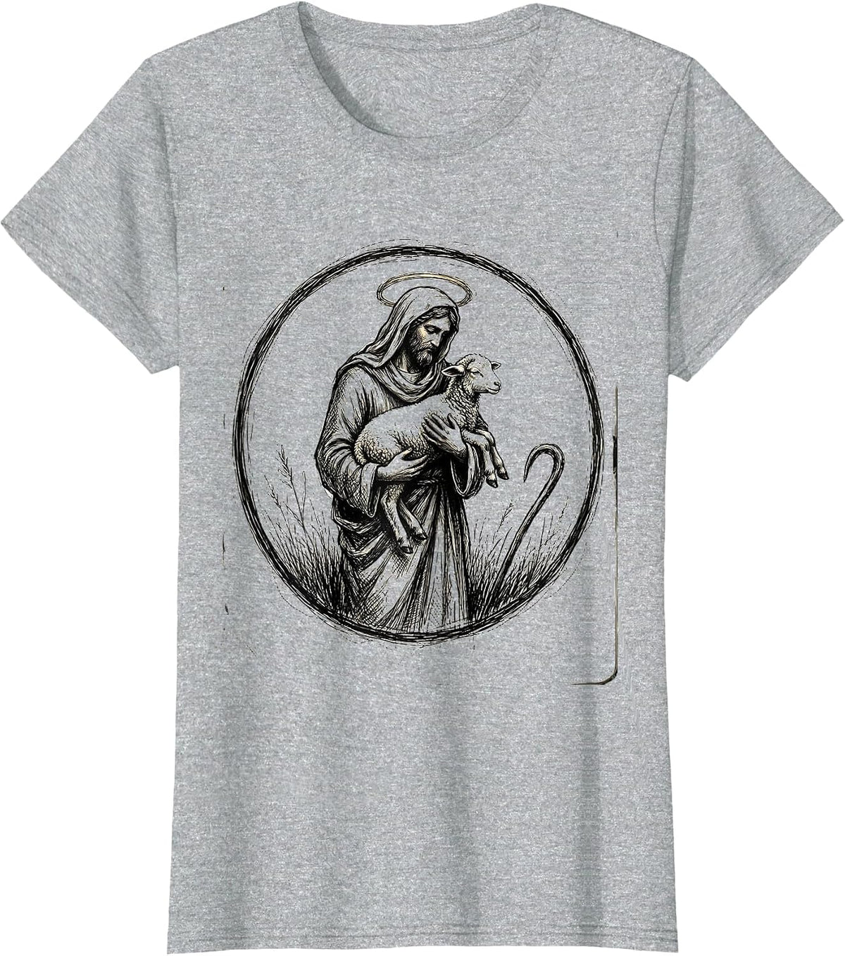 Shepherd Carrying Lost Sheep Christian Faith Design T-Shirt - Heather Grey